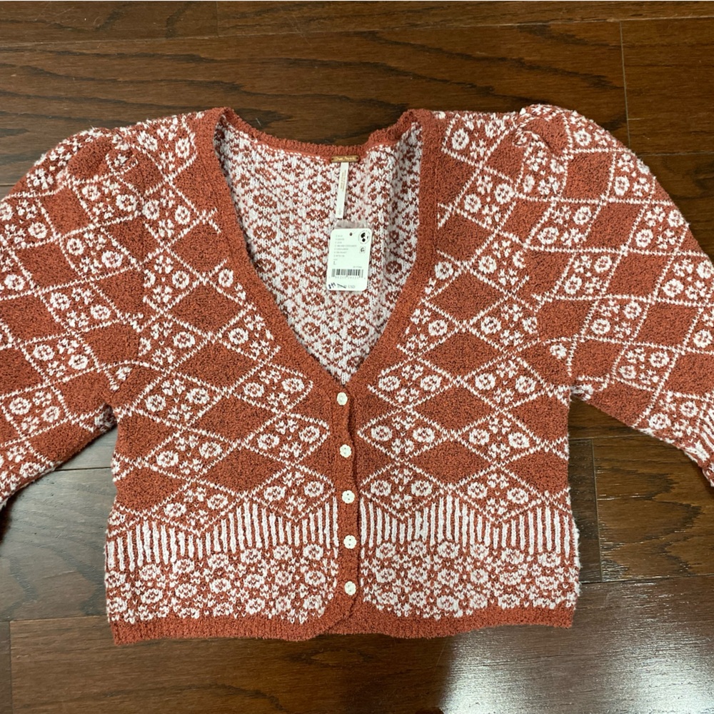 NWT New Free People Geo Floral Cropped Cardigan in Terracotta Large - Picture 3 of 11